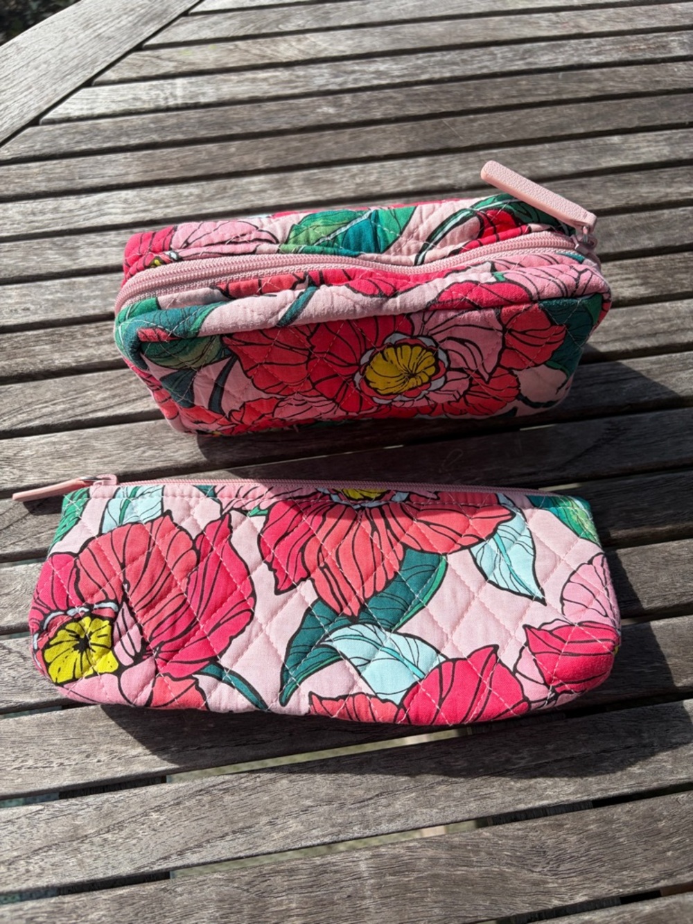 Vera Bradley Pink Floral Quilted Cosmetic Travel Pouch Duo Set of 2